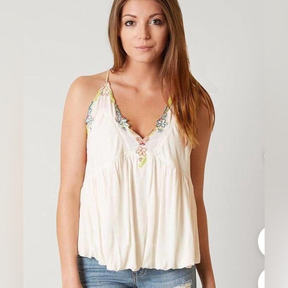 FREE PEOPLE ISLAND TIME FLORAL V NECK TANK TOP IVORY LEATHER STRAPS